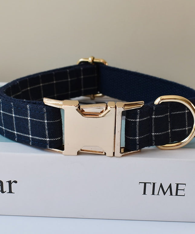 Navy Plaid Print Personalized Bow Tie Collar
