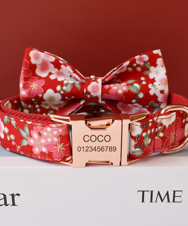 Red Cherry Blossom Print Personalized Bow Tie Collar