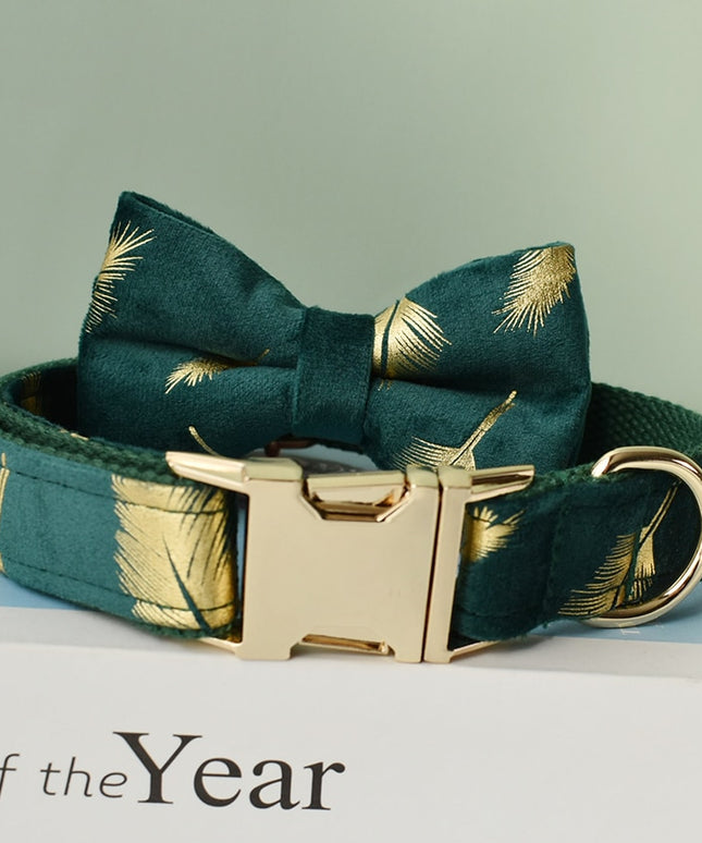 Forest Green Gold Leaves Personalized Bow Tie Collar
